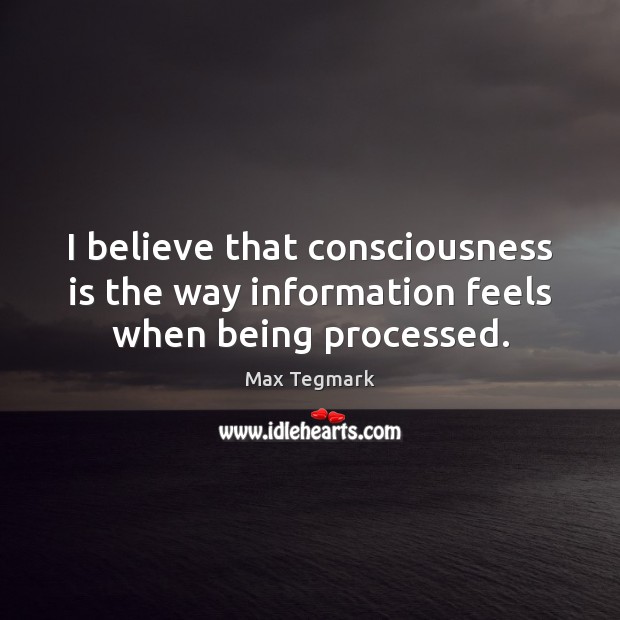 I believe that consciousness is the way information feels when being processed. Max Tegmark Picture Quote