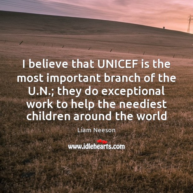 I believe that UNICEF is the most important branch of the U. Liam Neeson Picture Quote