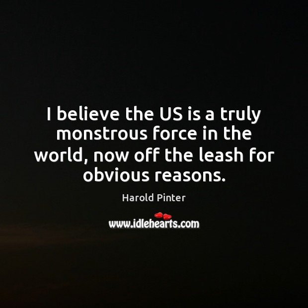 I believe the US is a truly monstrous force in the world, Harold Pinter Picture Quote