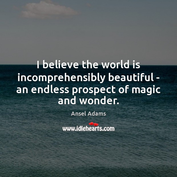 I believe the world is incomprehensibly beautiful – an endless prospect of Ansel Adams Picture Quote