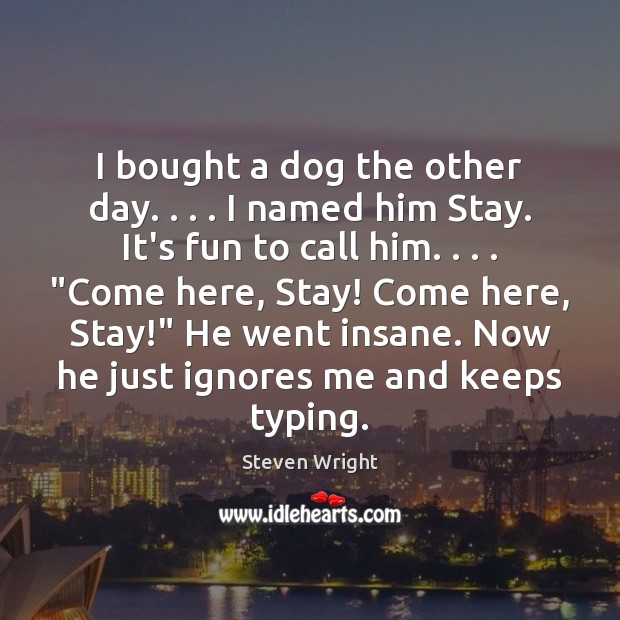 I bought a dog the other day. . . . I named him Stay. It’s Steven Wright Picture Quote