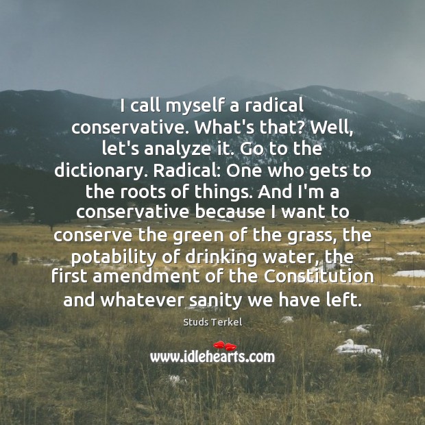 I call myself a radical conservative. What’s that? Well, let’s analyze it. Studs Terkel Picture Quote
