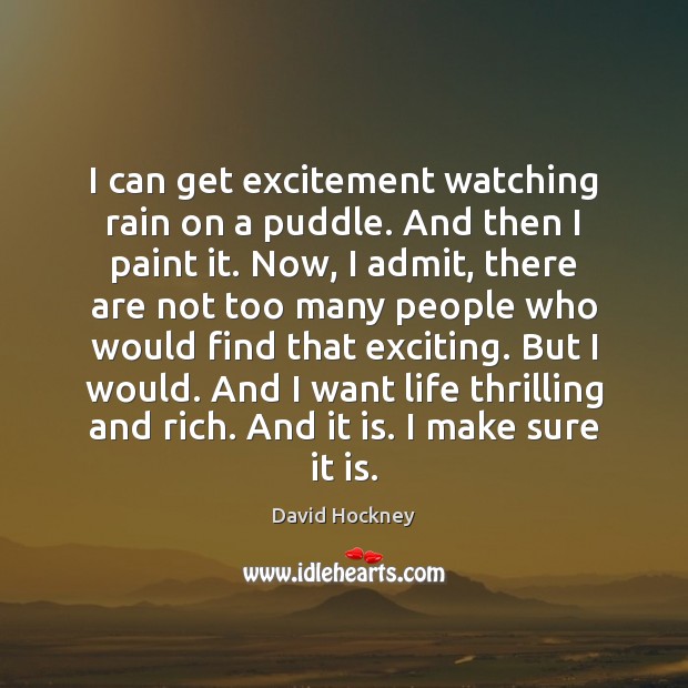 I can get excitement watching rain on a puddle. And then I David Hockney Picture Quote