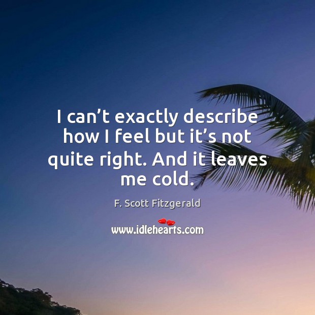 I can’t exactly describe how I feel but it’s not quite right. And it leaves me cold. F. Scott Fitzgerald Picture Quote