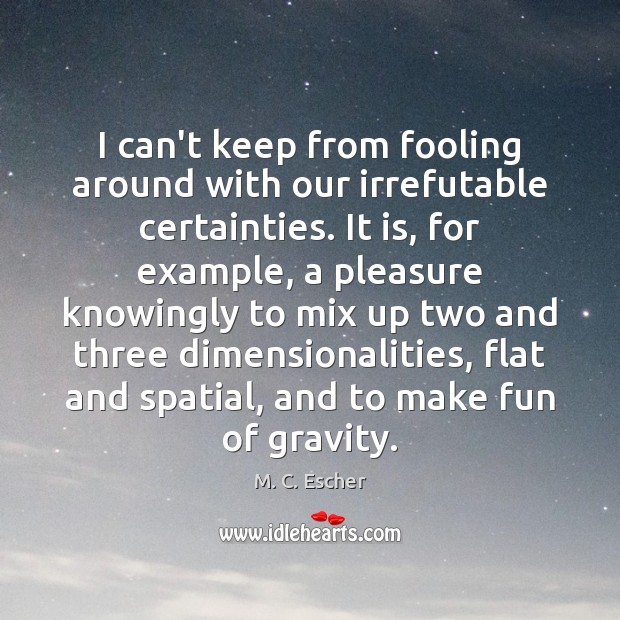 I can’t keep from fooling around with our irrefutable certainties. It is, M. C. Escher Picture Quote