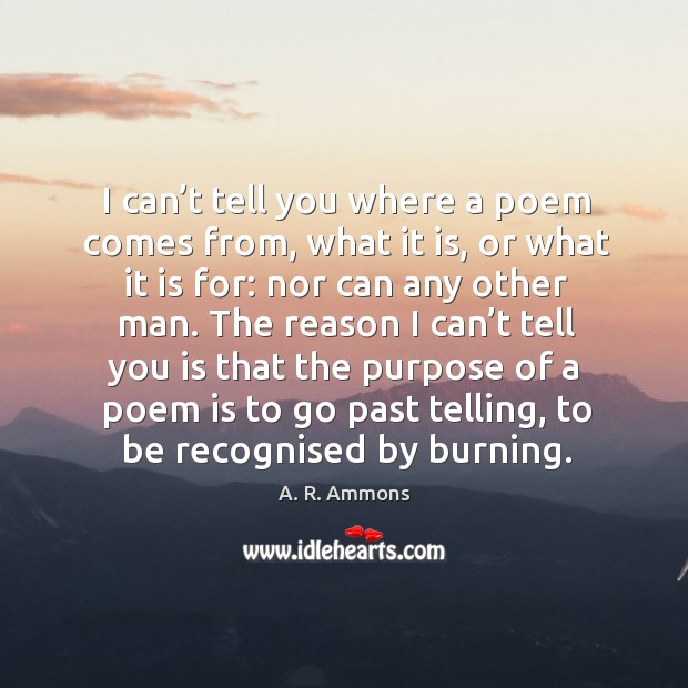 I can’t tell you where a poem comes from, what it is, or what it is for: nor can any other man. A. R. Ammons Picture Quote