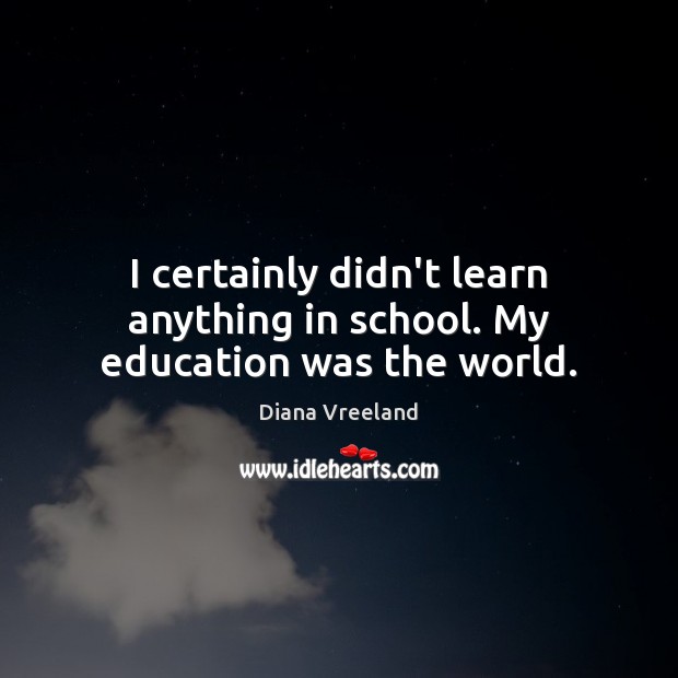 I certainly didn’t learn anything in school. My education was the world. Diana Vreeland Picture Quote