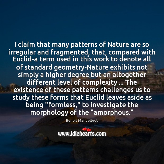 I claim that many patterns of Nature are so irregular and fragmented, Benoit Mandelbrot Picture Quote