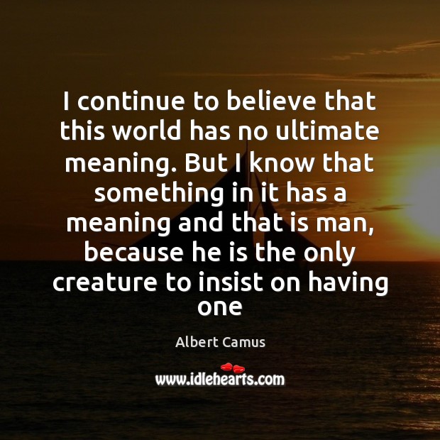 I continue to believe that this world has no ultimate meaning. But Albert Camus Picture Quote