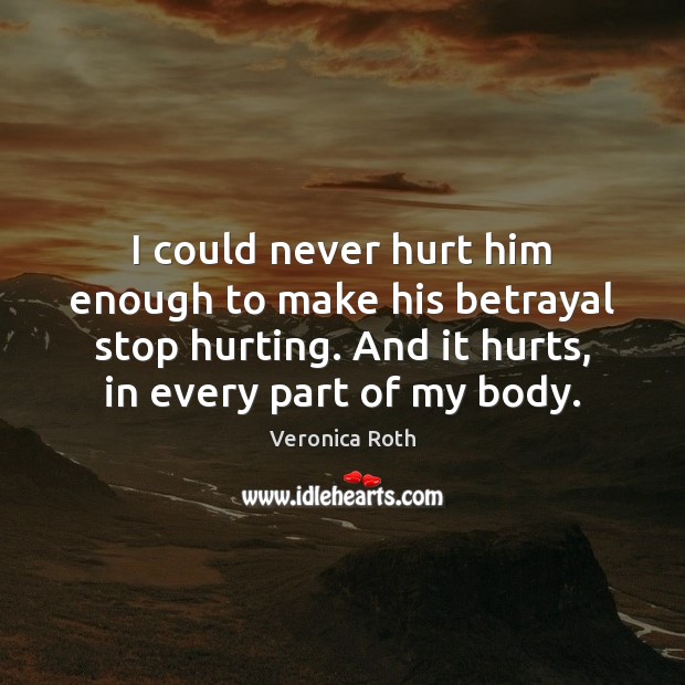 I could never hurt him enough to make his betrayal stop hurting. Veronica Roth Picture Quote