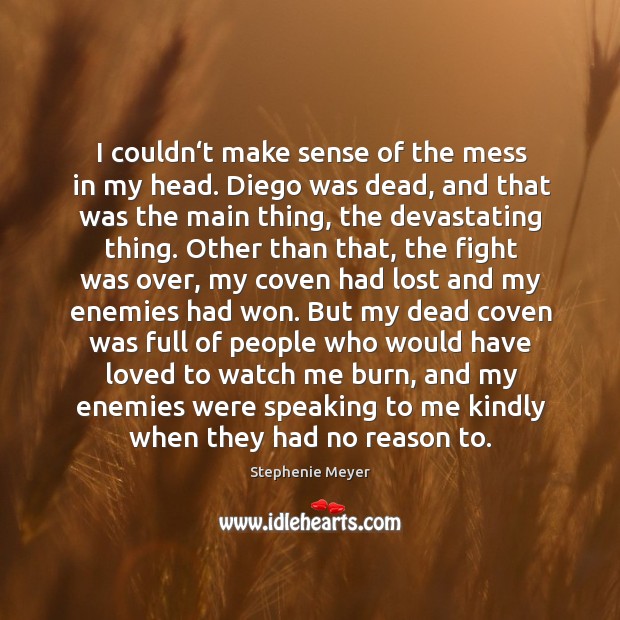 I couldn‘t make sense of the mess in my head. Diego Stephenie Meyer Picture Quote