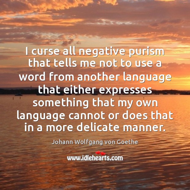 I curse all negative purism that tells me not to use a Johann Wolfgang von Goethe Picture Quote