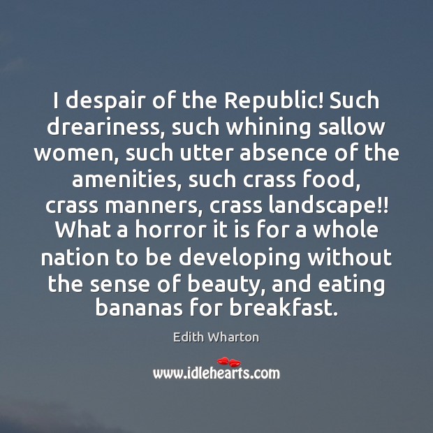 I despair of the Republic! Such dreariness, such whining sallow women, such Edith Wharton Picture Quote