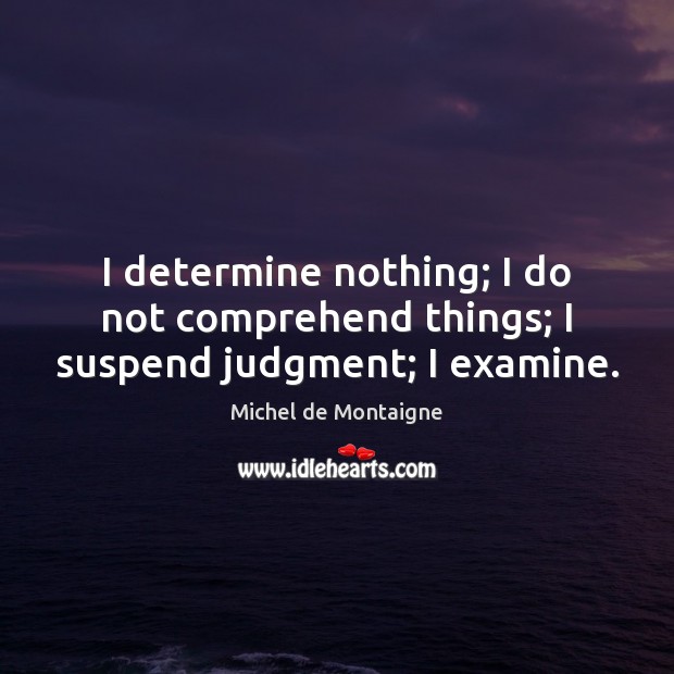 I determine nothing; I do not comprehend things; I suspend judgment; I examine. Michel de Montaigne Picture Quote