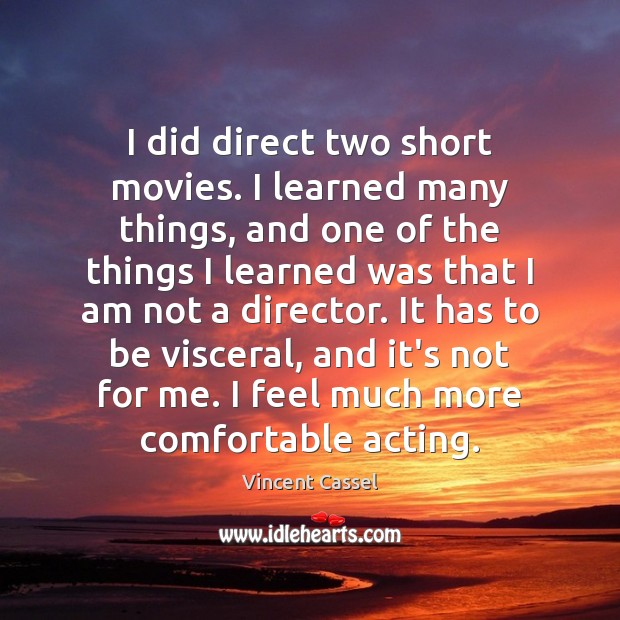 I did direct two short movies. I learned many things, and one Vincent Cassel Picture Quote