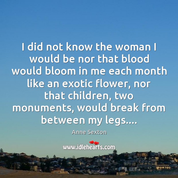 I did not know the woman I would be nor that blood Anne Sexton Picture Quote