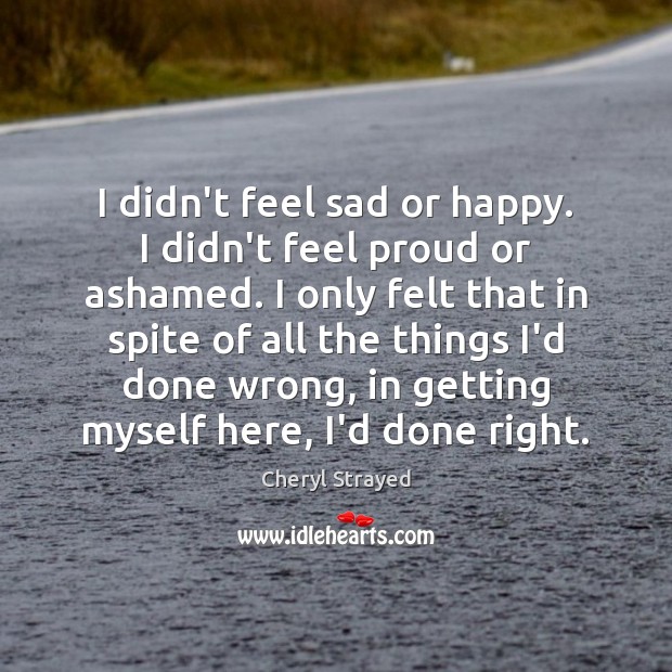 I didn’t feel sad or happy. I didn’t feel proud or ashamed. Cheryl Strayed Picture Quote
