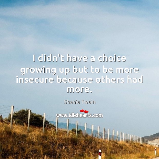 I didn’t have a choice growing up but to be more insecure because others had more. Shania Twain Picture Quote