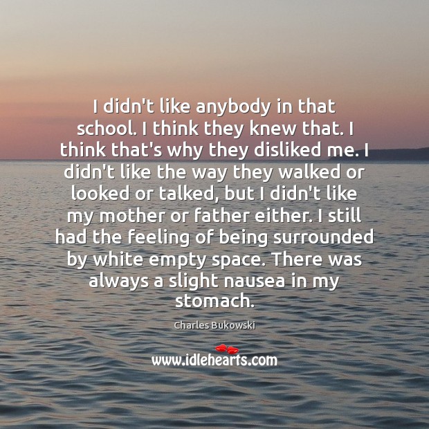 I didn’t like anybody in that school. I think they knew that. Charles Bukowski Picture Quote