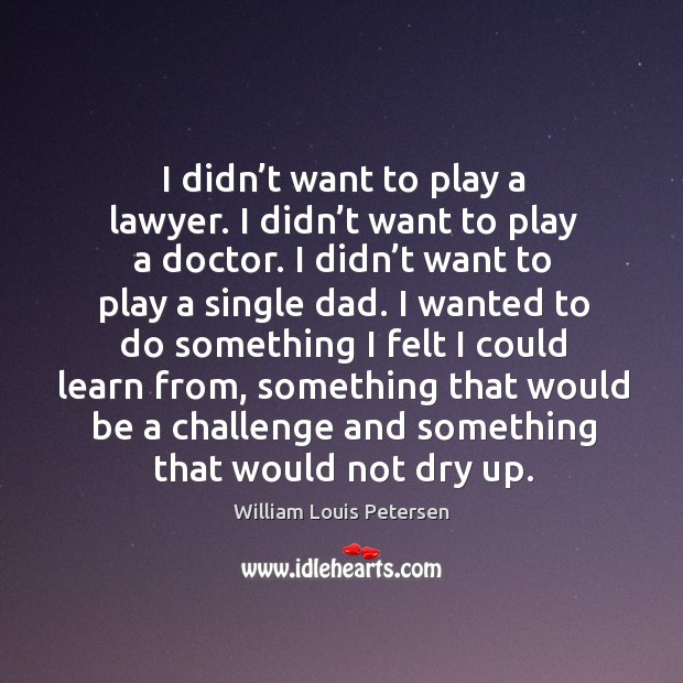 I didn’t want to play a lawyer. I didn’t want to play a doctor. I didn’t want to play a single dad. William Louis Petersen Picture Quote