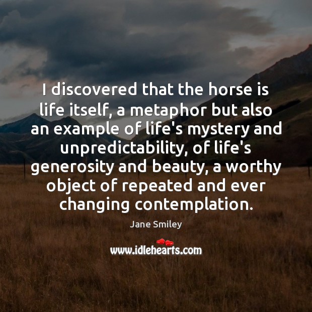 I discovered that the horse is life itself, a metaphor but also Jane Smiley Picture Quote