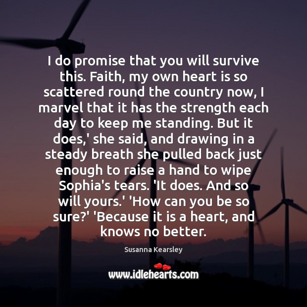 I do promise that you will survive this. Faith, my own heart Susanna Kearsley Picture Quote