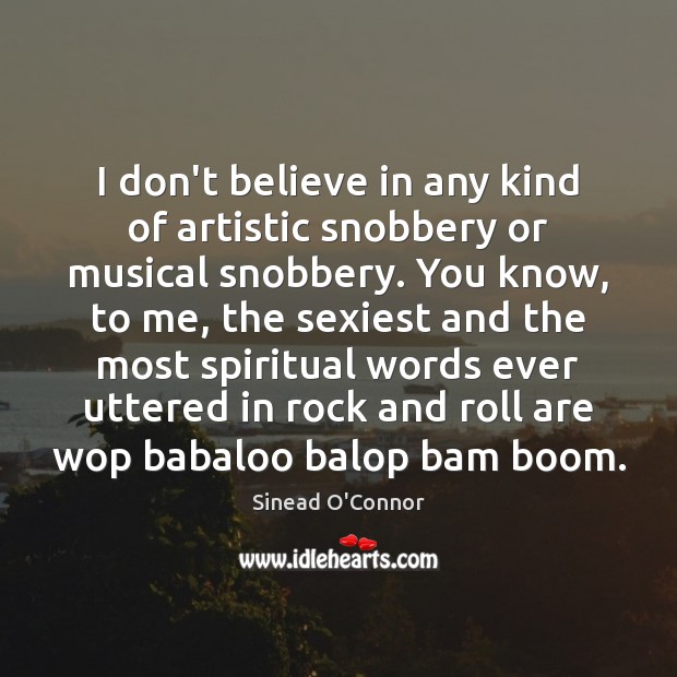 I don’t believe in any kind of artistic snobbery or musical snobbery. Sinead O’Connor Picture Quote