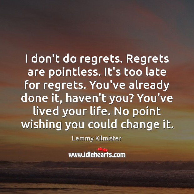 I don’t do regrets. Regrets are pointless. It’s too late for regrets. Image