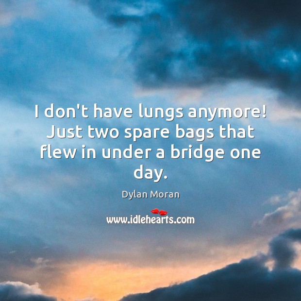 I don’t have lungs anymore! Just two spare bags that flew in under a bridge one day. Dylan Moran Picture Quote