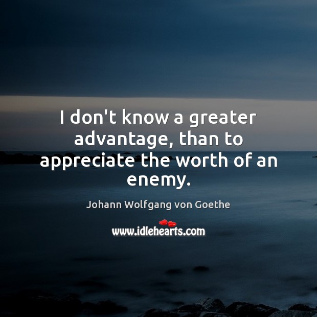 I don’t know a greater advantage, than to appreciate the worth of an enemy. Johann Wolfgang von Goethe Picture Quote