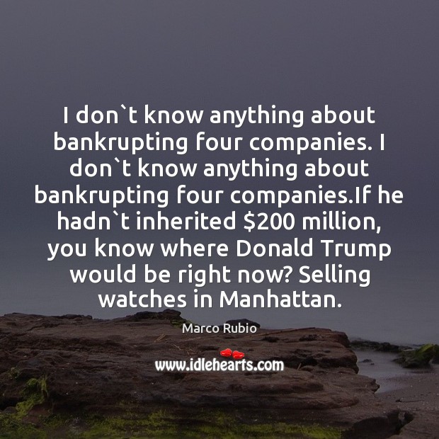 I don`t know anything about bankrupting four companies. I don`t Marco Rubio Picture Quote