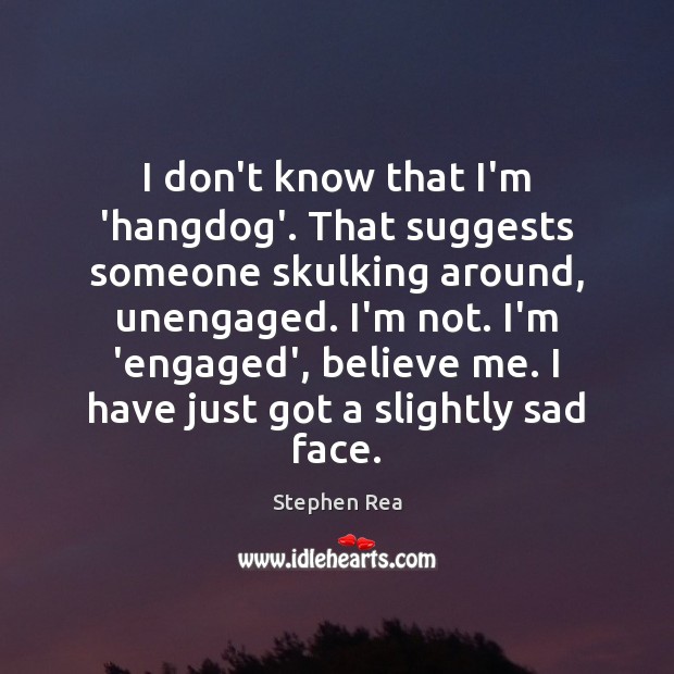 I don’t know that I’m ‘hangdog’. That suggests someone skulking around, unengaged. Stephen Rea Picture Quote