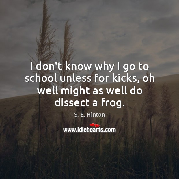 I don’t know why I go to school unless for kicks, oh well might as well do dissect a frog. S. E. Hinton Picture Quote