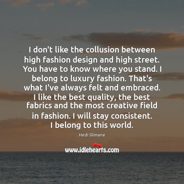 I don’t like the collusion between high fashion design and high street. Hedi Slimane Picture Quote