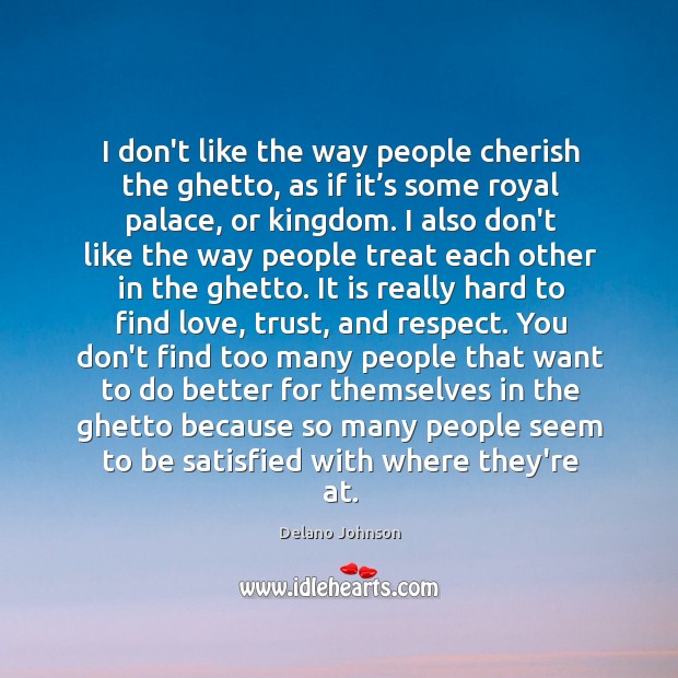 I don’t like the way people cherish the ghetto, as if it’ Delano Johnson Picture Quote