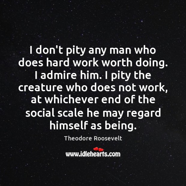 I don’t pity any man who does hard work worth doing. I Theodore Roosevelt Picture Quote