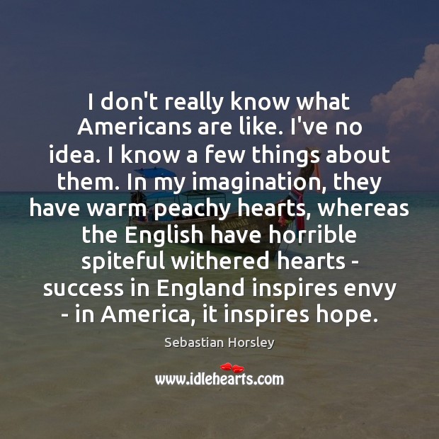 I don’t really know what Americans are like. I’ve no idea. I Sebastian Horsley Picture Quote
