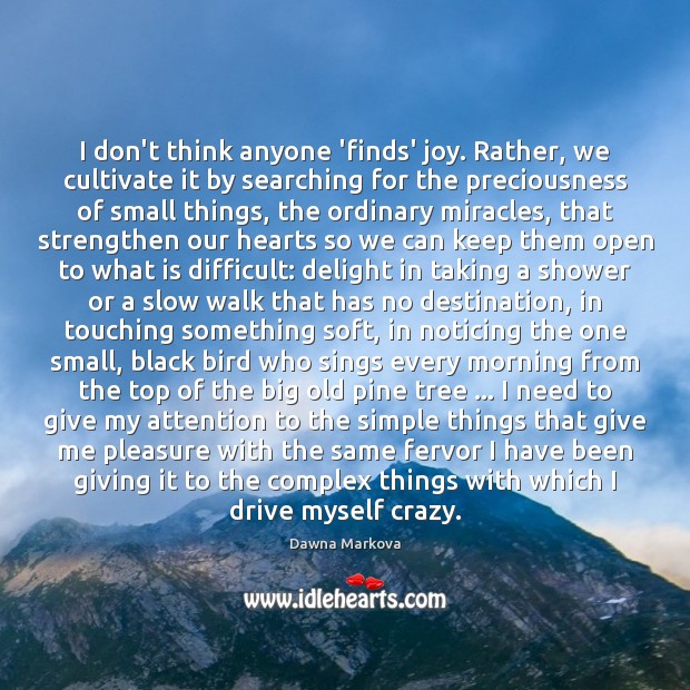 I don’t think anyone ‘finds’ joy. Rather, we cultivate it by searching Dawna Markova Picture Quote