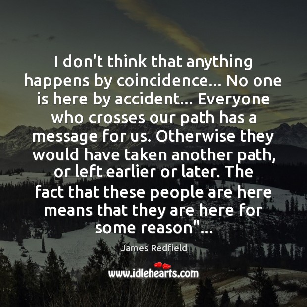 I don’t think that anything happens by coincidence… No one is here James Redfield Picture Quote