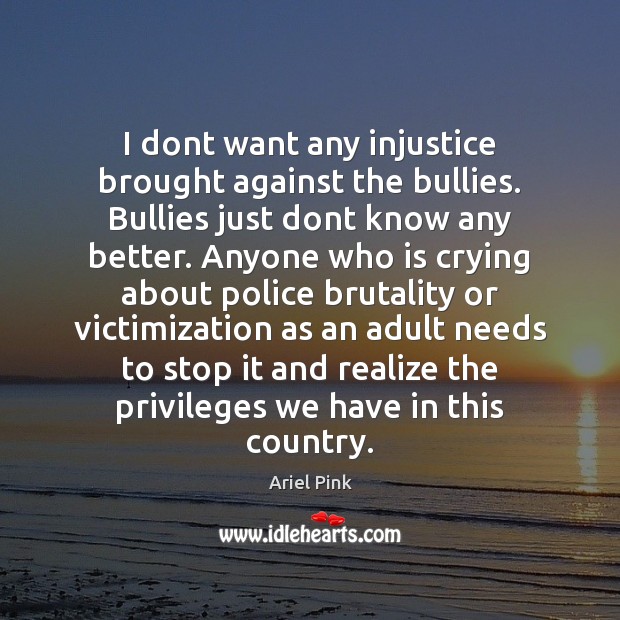 I dont want any injustice brought against the bullies. Bullies just dont Ariel Pink Picture Quote