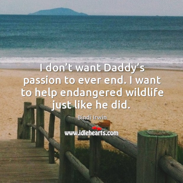 I don’t want daddy’s passion to ever end. I want to help endangered wildlife just like he did. Bindi Irwin Picture Quote