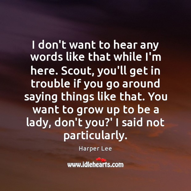 I don’t want to hear any words like that while I’m here. Harper Lee Picture Quote