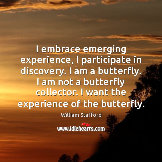 I embrace emerging experience, I participate in discovery. I am a butterfly. William Stafford Picture Quote