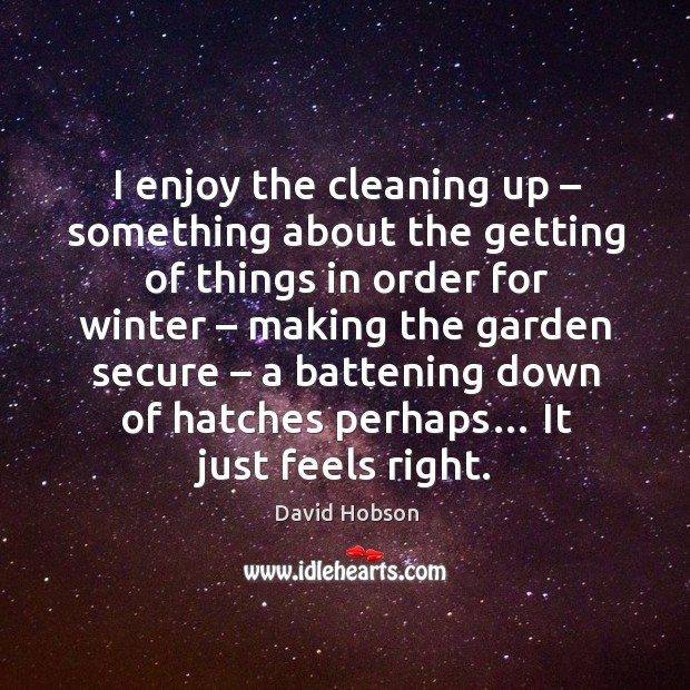 I enjoy the cleaning up – something about the getting of things in order for winter – making the garden secure David Hobson Picture Quote