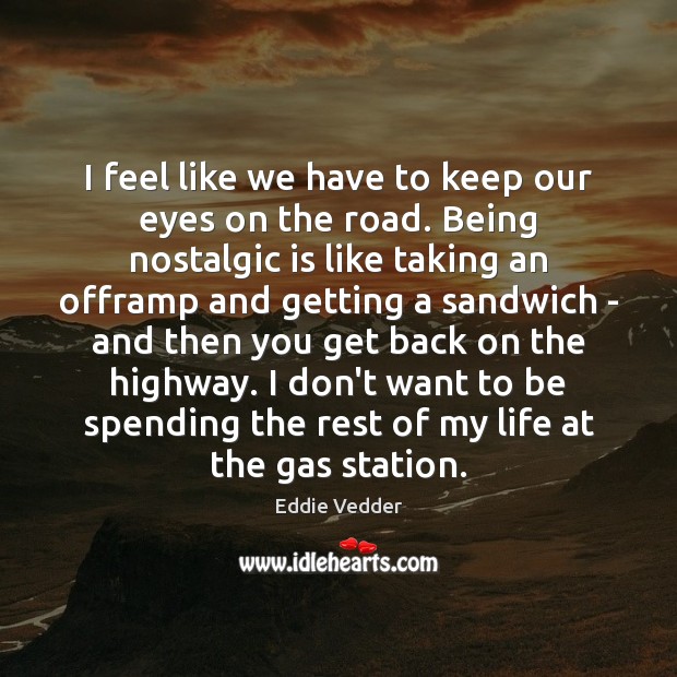 I feel like we have to keep our eyes on the road. Eddie Vedder Picture Quote