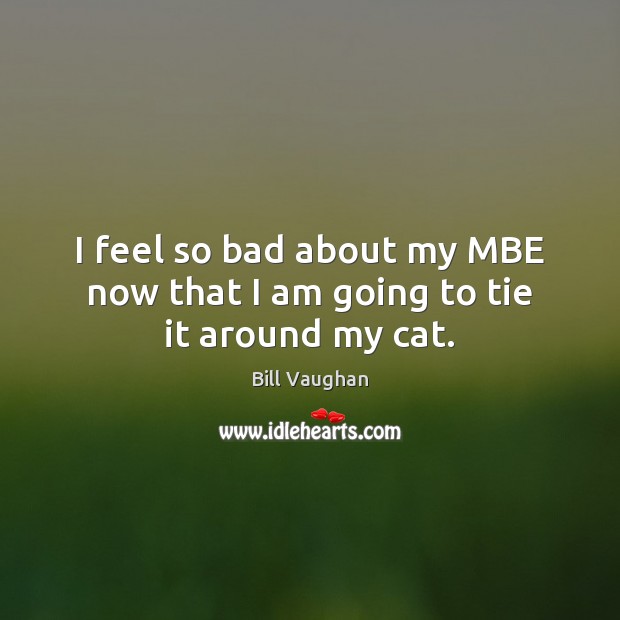 I feel so bad about my MBE now that I am going to tie it around my cat. Bill Vaughan Picture Quote