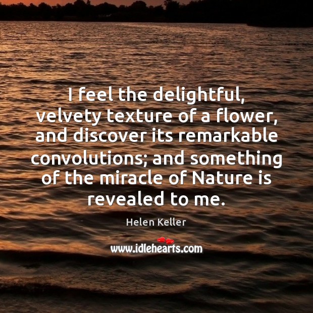 I feel the delightful, velvety texture of a flower, and discover its Helen Keller Picture Quote