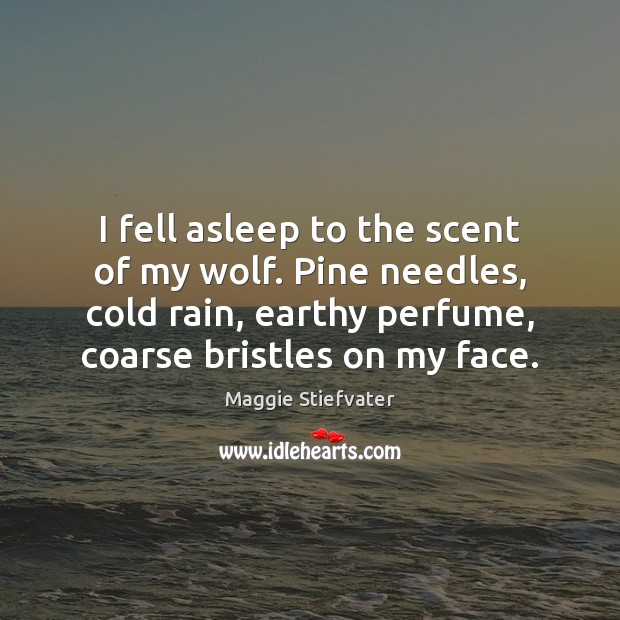I fell asleep to the scent of my wolf. Pine needles, cold Maggie Stiefvater Picture Quote
