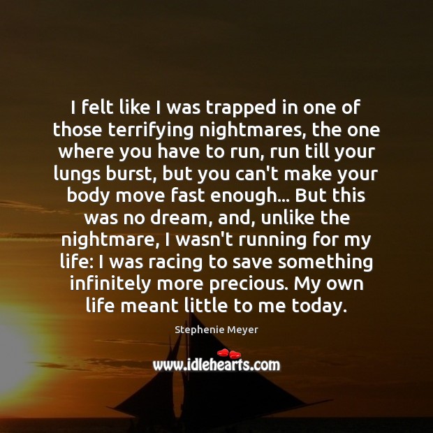 I felt like I was trapped in one of those terrifying nightmares, Stephenie Meyer Picture Quote