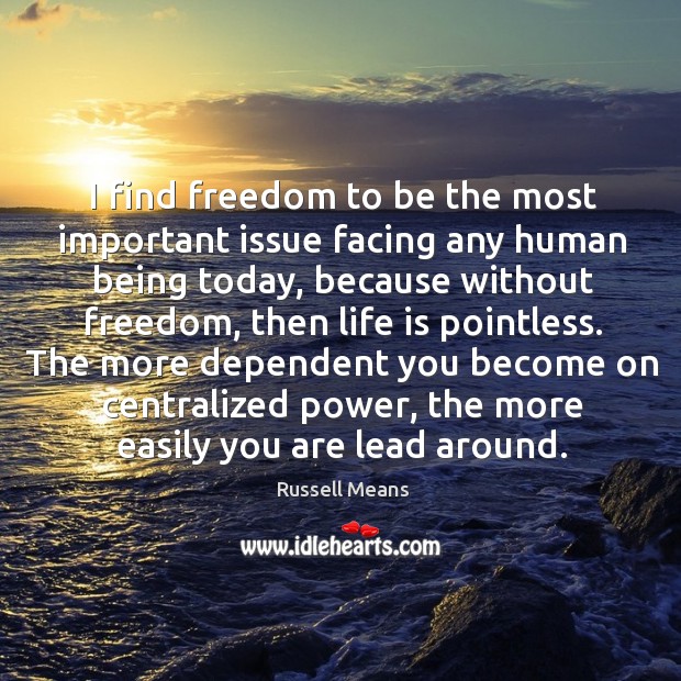 I find freedom to be the most important issue facing any human Russell Means Picture Quote